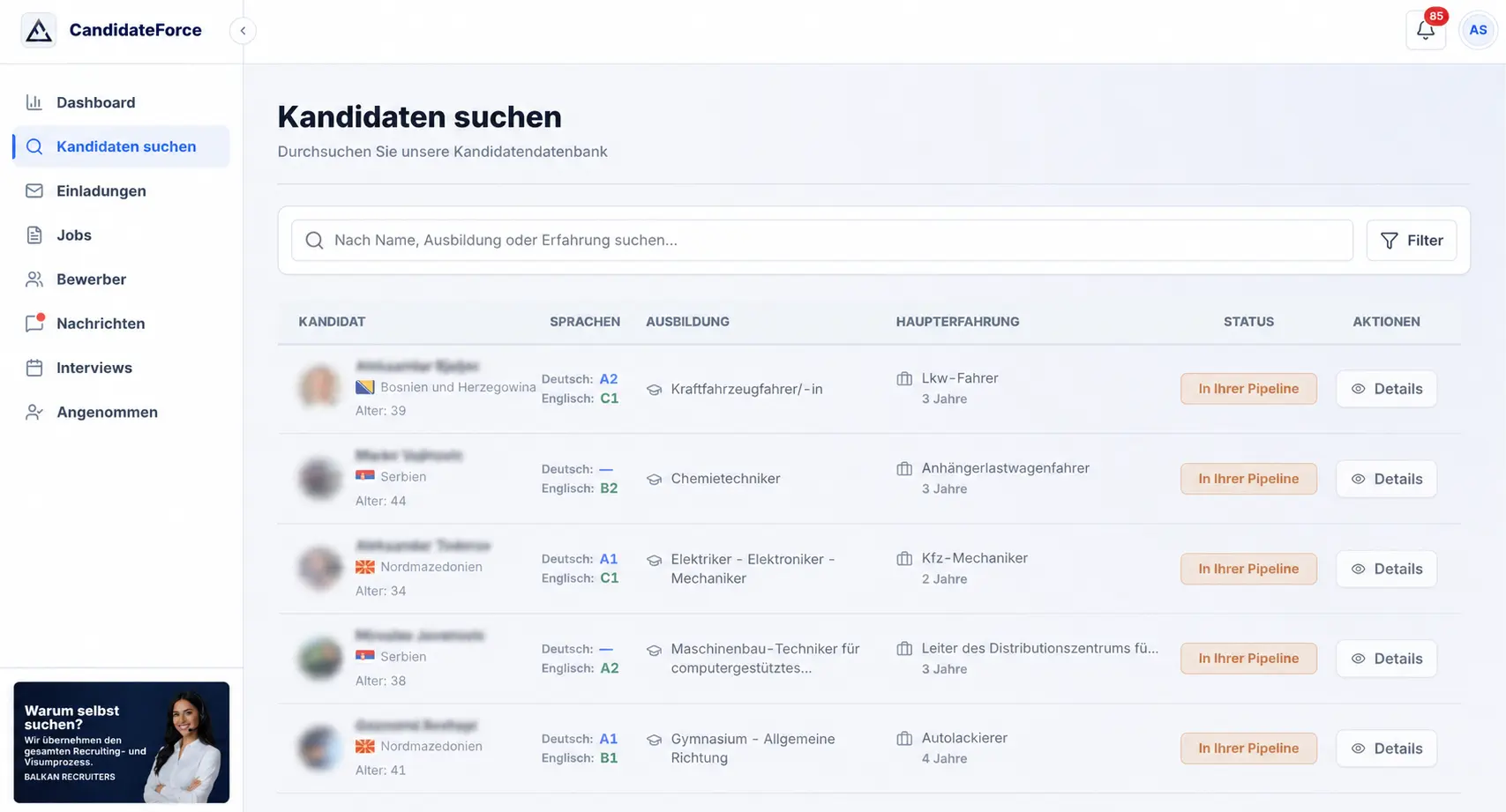 CandidateForce Kandidatensuche mit Profil- und Qualifikationsfiltern